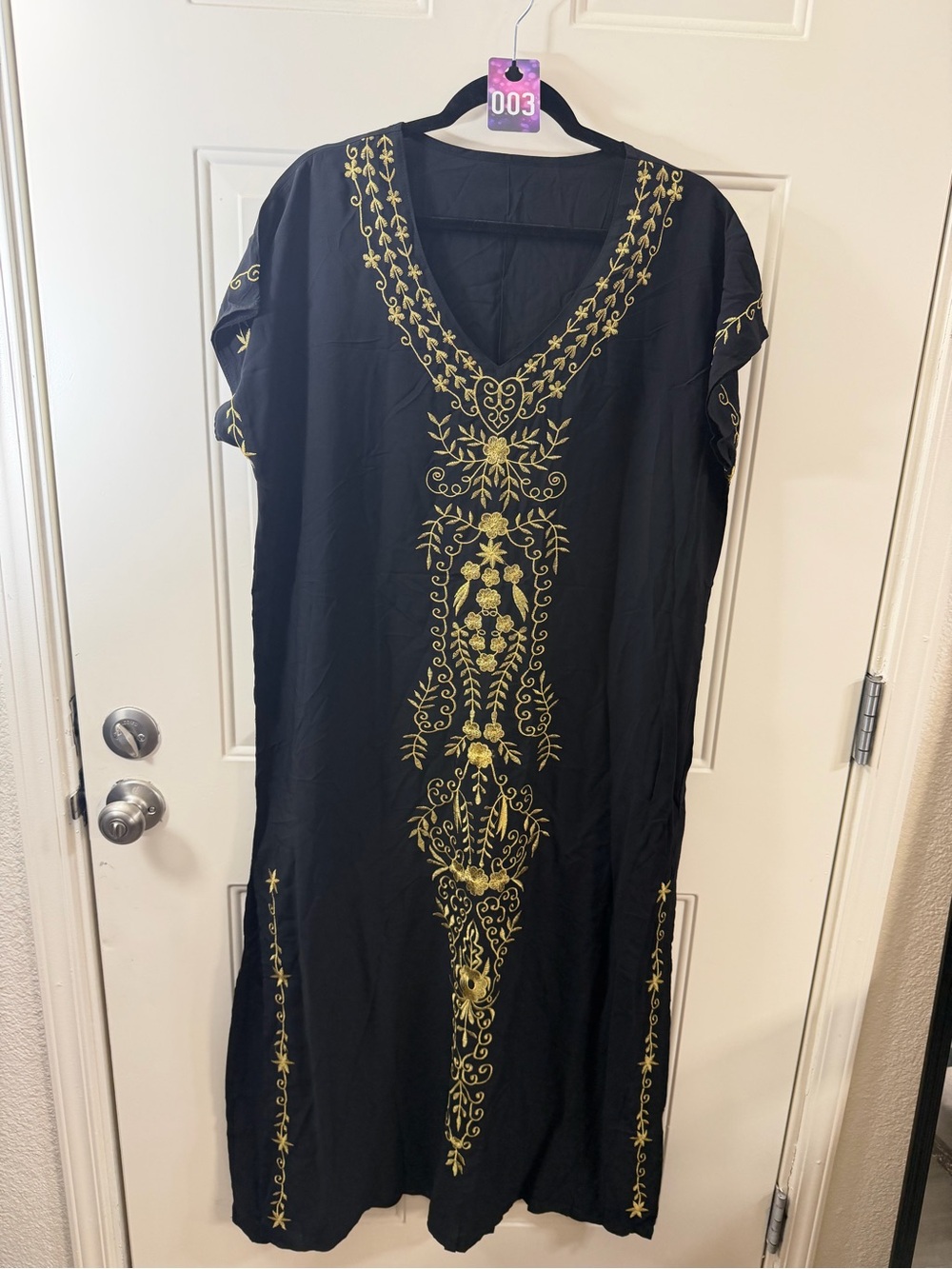 Embroidered Maxi Dress Women’s Free Size Black Gold Boho Resort 003